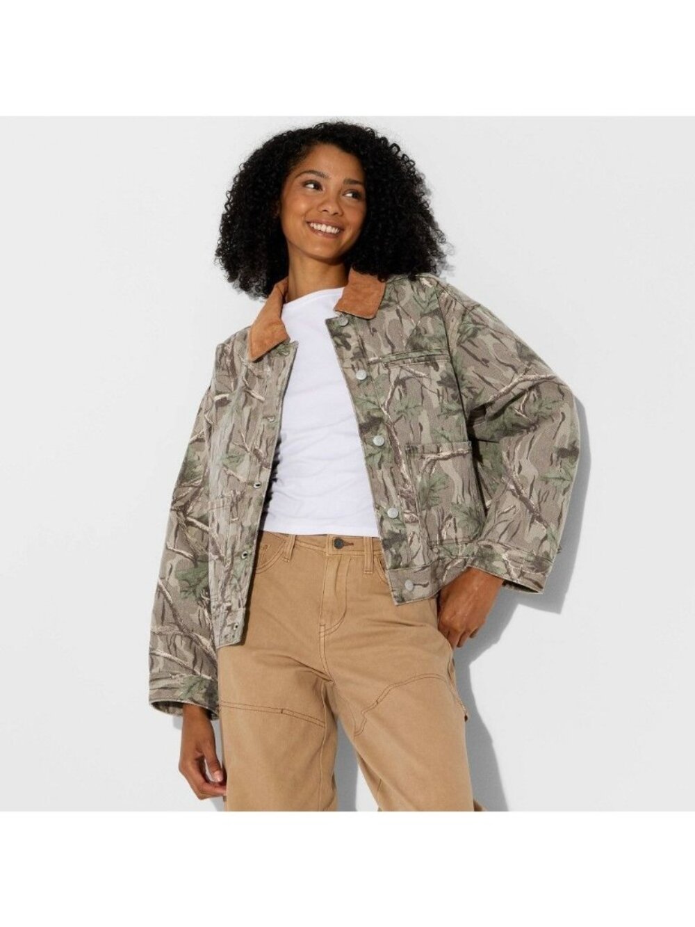 K-248 Wild Fable Women's XS Padded Denim Barn Jacket- Khaki Leaf